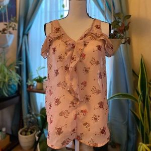 Floral cold shoulder sheer blouse
